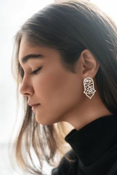 * 925 Sterling Silver Persian Calligraphy Earrings  * Inspired by a poem of the Persian well-known poet Khayyam. The text is چو هستی خوش باش which means Seize the moment. * It's a piece you will treasure. ooo SPECIFICATIONS: * Dimension: 4 * 2.5 cm (1.6 * 1 in) * Material: 925 Sterling Silver * Handmade * High-quality materials and attention to detail ooo PACKAGING:  * All orders will be wrapped in a complimentary Zargoon Signature gift box and ribbon. * Personalized Card (optional) * Orders wil Elegant Etched Dangle Earrings, Persian Jewelry, Silver Earrings Drop, Seize The Moment, Persian Calligraphy, Agate Earrings, Earrings Stud, Earrings Drop, Earrings Etsy