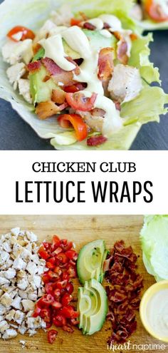 lettuce wraps with chicken, tomatoes and other vegetables on them are ready to be eaten