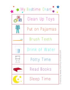 a printable poster with the words, my bedtime chart clean up toys put on pajamas brush teeth drink water potty time read books sleep time