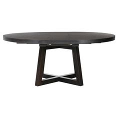 an oval wooden table with two crossed legs and a black finish on the top, against a white background