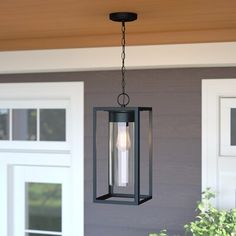 a light hanging from the side of a house next to a potted plant and door