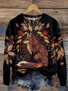 Black Printed Top For Fall, Black Printed Tops For Fall, Crew Neck Printed Tops For Fall, 3d Pumpkin, Golden Autumn, Clothing Art, Hoodie Women, Fox Print, Pumpkin Halloween