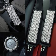 the front and rear seats of a car with silver crystals on them, and an image of