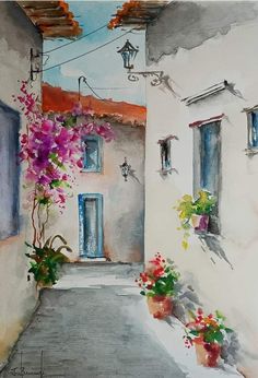 a painting of an alley with potted flowers