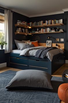 a bedroom with black walls and blue carpet