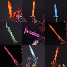 six different types of fantasy swords in various positions and sizes, all with colored lights