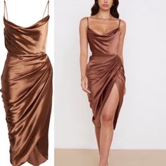 Reposhing This Item I Purchased From @Mydreamcloset_. Loved It, But Ready To Rotate For Something New. Questions? Leave A Comment Below! Brown Draped Evening Dress, Elegant Draped Brown Dress, Elegant Brown Draped Dresses, Chic Brown Draped Dress, Chic Brown Dress For Dinner, Chic Brown Dinner Dress, Elegant Brown Slip Dress For Party, Brown Silk Dress For Night Out, Fitted Brown Satin Midi Dress