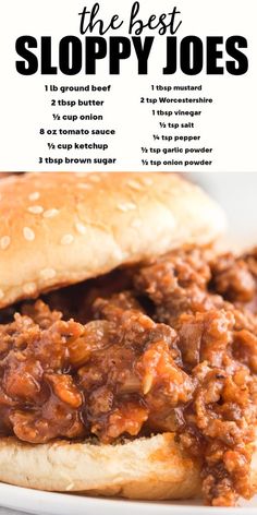 the best sloppy joes recipe is shown on a white plate with text overlay