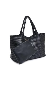 Introducing the Woven tote to carry all your necessities in style! This will be your new favorite bag that mixes fashion and practicality. The chic look will elevate any outfit in all seasons! Tote bag Material: Vegan Leather Size: 16” L x 6.25” W x 11.75” H Chic Rectangular Weekender Bag For On-the-go, Chic Black Bags For On-the-go, Versatile Black Tote Bag, Top Handle Hobo Bag With Braided Handles For Shopping, Shopping Bags With Braided Top Handles, Shopping Bag With Braided Top Handles, Shopping Bag With Top Handle And Braided Handles, Elegant Large Capacity Weekender Bag For Shopping, Chic Weekender Bag With Removable Pouch For On-the-go