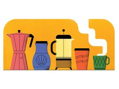 three different types of coffee makers on a yellow background