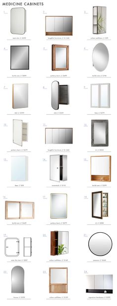 a bunch of different types of mirrors and cabinets in various shapes, sizes and colors