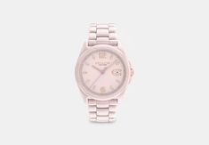 COACH® | Greyson Watch, 36 Mm Elegant Pink Watch With Date Display, Timeless Pink Watch With Date Indicator, Classic Pink Diamond Watch With Round Dial, Classic Pink Round Watch, Coach Watch, Bracelet Design, Monogrammed Items, 3 O Clock, Minerals Crystals