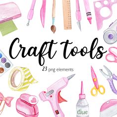 watercolor craft tools clipart set with pink and green items on white background for scrapbooking