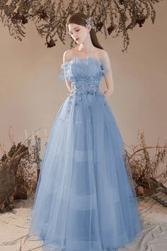 Blue Tulle Beaded Long Formal Dress A-Line Strapless Graduation Dress Long Formal Dress, Blue Tulle, Dress A Line, Mozambique, Trinidad, Formal Dress, Bride Dress, Special Occasion Dresses, Occasion Dresses