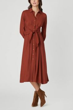 Chic twill crepe button down midi shirtdress. This style features a collared neckline, ¾ length fitted cuffed sleeves, a button down front placket, and a tie waist belt attached at the sides. The waist has pintucked details for a flattering fit. Unlined. Button front closure. 75% Rayon, 25% Viscose. Dry clean. Color: Amber Twill Dress, Shirtdress, Top Sales, Cuff Sleeves, Waist Belt, Day Dresses, Evening Dresses, Amber, Cover Up