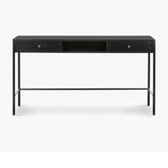 a black desk with two drawers on one side and an open drawer on the other