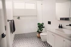 a bathroom with black and white flooring and a potted plant in the corner