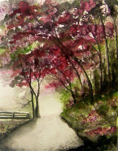 a watercolor painting of trees and a bench