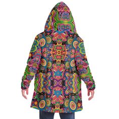 Trippy Psychedelic Colorful Printed Microfleece Rave Jacket, EDM Festival Cloak, Rave Psychedelic Trippy Sherpa Lined Hooded Cloak, DJ Cape This luxurious cloak is made from an ultra-soft premium microfiber fleece lining. The outside is made with a micro-mink polyester fabric that allows the print to be high definition with vibrant colors. Featuring two deep side pockets to keep your belongings safe and your hands warm. * Outer fabric: Micro-mink 100% polyester * Lining: Ultra soft microfiber fl Funky Multicolor Winter Outerwear, Funky Long Sleeve Winter Outerwear, Funky Multicolor Fall Outerwear, Multicolor Hooded Jacket With Adjustable Hood For Fall, Multicolor Winter Hooded Jacket With Drawstring, Hippie Multicolor Hooded Outerwear, Hippie Style Multicolor Outerwear For Festivals, Multicolor Hippie Winter Outerwear, Hippie Multicolor Winter Outerwear