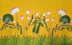 an artistic painting with flowers and birds on yellow background