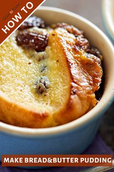 a bowl filled with bread and raisins on top of a blue table cloth