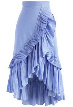 Lights, camera, fashion! Take center stage and rule the spotlight in this saucy statement skirt boasting blue stripes, ruffles, and a tiered design.    - Chiffon fabric finished  - Tiered ruffles trimmed  - Asymmetric hi-lo hemline  - Conceal back zip closure  - Lined  - 100% polyester  - Hand wash cold    Size(cm)  Length    Waist  XS             50-92          65  S               51-93 &nbs Frills And Ruffles Fashion, Unique Skirts Design Fashion, Tiered Ruffled Skirt, Frill Skirt Outfit, Unique Skirts Design, Asymmetrical Ruffle Skirt, Frill Skirts, Ruffles Skirt, Ruffle Skirts