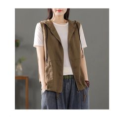 Lasaky - Vintage Artistic Linen Hooded Sleeveless Vest with Loose Fit and Open Front Design Women's Vests, Hippie Fashion, Summer Vest, Chic Tops, Hoodie For Women, Chic Top, Coat Women, Solid Clothes, Sleeveless Vest