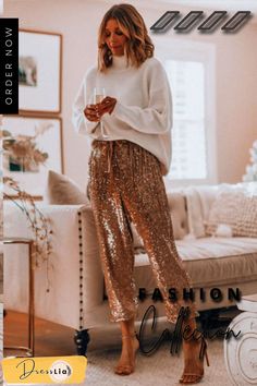 Fashion Sequins Drawstring High Waist Trousers Straight Sweatpants, Work Pants Women, Slacks For Women, Sequin Pants, Chic Pants, Mode Boho, Loose Pants, Looks Style, High Waisted Trousers