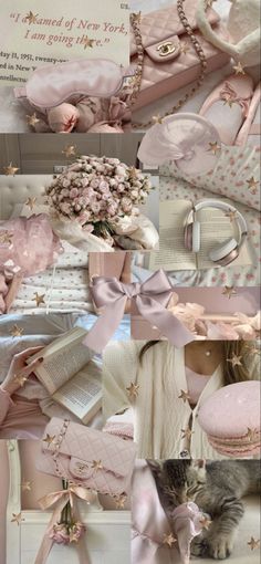 a collage of pink and white items with flowers on them, including a cat