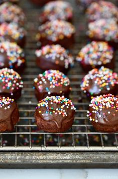 chocolate cupcakes with sprinkles on a cooling rack