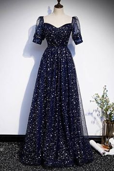 Starry Navy Blue A-line Long Prom Dress Blue Starry Dress, Night Sky Dress, Heart Neckline Dress, Starry Dress, Bridgerton Dresses, Short Sleeve Prom Dresses, Starry Night Dress, Sweet Heart Neckline, Stars Dress