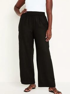 High-Waisted Linen-Blend Wide-Leg Pants | Old Navy Versatile Black Pull-on Pants, Comfortable Bottoms With Elastic Waistband, Versatile Relaxed Fit Wide-leg Pants, High Waist Relaxed Fit Pants With Comfort Waistband, Versatile Wide-leg Pants With Relaxed Fit, Elevated Casual Wide Leg Pants With Side Pockets, Versatile Wide-leg Bottoms With Relaxed Fit, Comfortable Black Workwear Pants, Comfortable Black Pants For Work