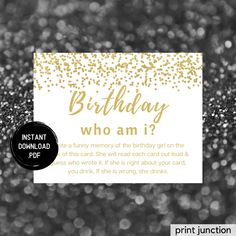 a black and white birthday card with gold confetti