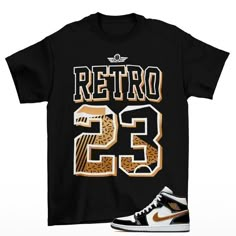 Retro 23 Jordan 1 Mid Black Gold Sneaker Matching Tee Shirt  The unisex heavy cotton tee is the basic staple of any wardrobe. It is the foundation upon which casual fashion grows. All it needs is a personalized design to elevate things to profitability. The specially spun fibers provide a smooth surface for premium printing vividity and sharpness. No side seams mean there are no itchy interruptions under the arms. The shoulders have tape for improved durability. .: 100% cotton (fiber content may vary for different colors) .: Medium fabric (5.3 oz/yd² (180 g/m .: Classic fit .: Tear-away label .: Runs true to size Our custom designs are printed on Gildan t-shirts/sweatshirts. This is a custom item. We do not start production on this item until you make your purchase. *Please message us befo Black Retro Top For Streetwear, Black Retro Tops For Streetwear, Retro Black T-shirt For College, Black Relaxed Fit T-shirt For College, Black Letter Print Shirt For College, Black College Shirt With Text Print, Black Text Print Shirt For College, Basic Black T-shirt For College, Black Text Print Shirt