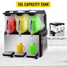 an image of a machine with drinks in it and the words 10l capacity tank