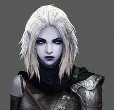 an image of a woman with white hair and blue eyes holding a knife in her hand