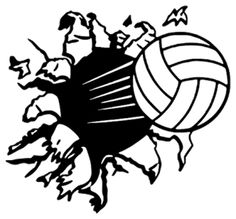 a black and white image of a volleyball ball crashing through the air