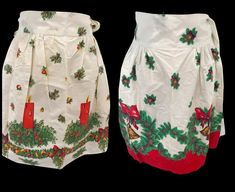 two skirts with christmas decorations on them, one is white and the other is red