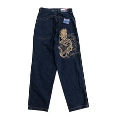 Embroidered high-waisted non-stretch denim, belt loops, zip-fly, five-pocket styling, contrast stitching, logo patch at back waistband, dragon embroidery on back of leg. Baggy Fit. Composition - Denim Sizing: Regular US/EU Fit Refer To Size Chart For Exact Measurements Street Skateboarding, Outfits Retro, Street Dance, Chinese Dragon, Fashion App, Embroidered Jeans, Embroidered Denim, Loose Pants, Waist Jeans