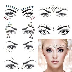 Face Stickers Makeup, Festival Face Gems, Carnaval Make-up, Sparkle Eyes, Mermaid Face, Face Rhinestones, Festival Make Up