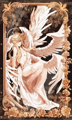 an angel sitting on top of a golden frame