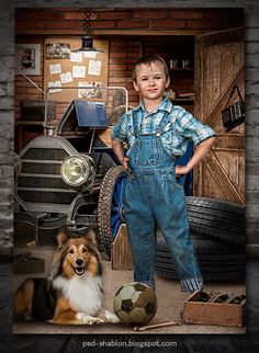 a young boy standing next to a dog with a soccer ball in front of him