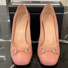 Pink Gucci Leather Pumps With Gold Horsebit Hardware. Light Scuffs On Inside Sole. Leather In Amazing Gucci Condition! Original Heel Caps Look Unused. 4” Heel. Gucci Pink Formal Heels, Gucci Pink Evening Heels, Gucci Heels With Gold-tone Hardware For Formal Occasions, Gucci Leather Sandals With Gold-tone Hardware, Pink Gucci Bag With Gold-tone Hardware, Shoes Gucci, Heel Caps, Gucci Leather, Gucci Shoes