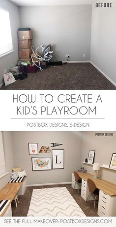 Postbox Designs, Interior E-Design: Kid Playroom Design, Kid Bonus Room Design + Homework Station & Craft Table via Online Interior Design, Kid Room Decor, Postbox Designs Kids Kids Homework Station, Kid Playroom, Bonus Room Design, Ikea 2015, Playroom Makeover, Homework Room, Kid's Playroom, Kura Bed, Homework Station