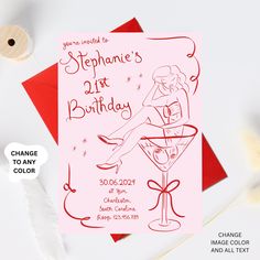 a pink birthday card with a drawing of a woman in a martini glass on it