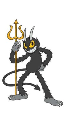 a cartoon character with horns and claws holding a sception in one hand while the other