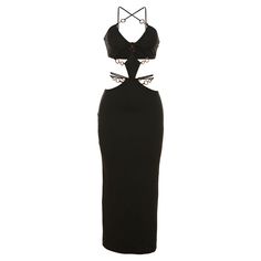 Make a timeless statement in this black Cut Out Tie Backless Cami Bodycon Dress. Crafted with cut out details and a maxi length, this dress is designed to hug the curves and create a look of effortless elegance. Perfect for an evening event or night out. Fit Type: Slim Fit Fabric: High Stretch Material: 95% Polyester, 5% Elastane Black Maxi Dress With Cut-out Waist For Evening, Black Cut-out Waist Evening Dress, Black Evening Dress With Cut-out Waist, Fitted Black Maxi Dress With Hollow Out Details, Black Party Dress With Cut-out Waist, Black Bodycon Backless Maxi Dress, Black Hollow Out Backless Dress, Black Elegant Dress With Cut-out Waist, Elegant Black Dress With Cut-out Waist