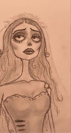 a drawing of a woman with long hair and big eyes wearing a corset