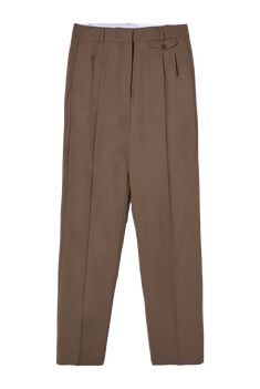 Coffee-brown shade, wool straight leg trousers with front pleats, two seam pockets, one coin pocket and two jetted pockets. Knee-length lining and striped poplin waistband. MATERIAL 100% WO SIZE & FIT Model wears size XS, high waist. Waist: 33cmHip: 44cmBottom width: 19cmLength: 110cm Classic Brown Dress Pants For Office, Classic Brown Bottoms For Office, Classic Brown Office Bottoms, Brown Straight Hem Dress Pants For Business Casual, Brown Office Pants With Pressed Crease, Brown Dress Pants With Pressed Crease For Work, Brown Pressed Crease Office Bottoms, Brown Dress Pants With Straight Hem For Business, Brown Dress Pants With Belt Loops For Office