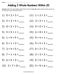 adding 3 whole numbers with 20 worksheet